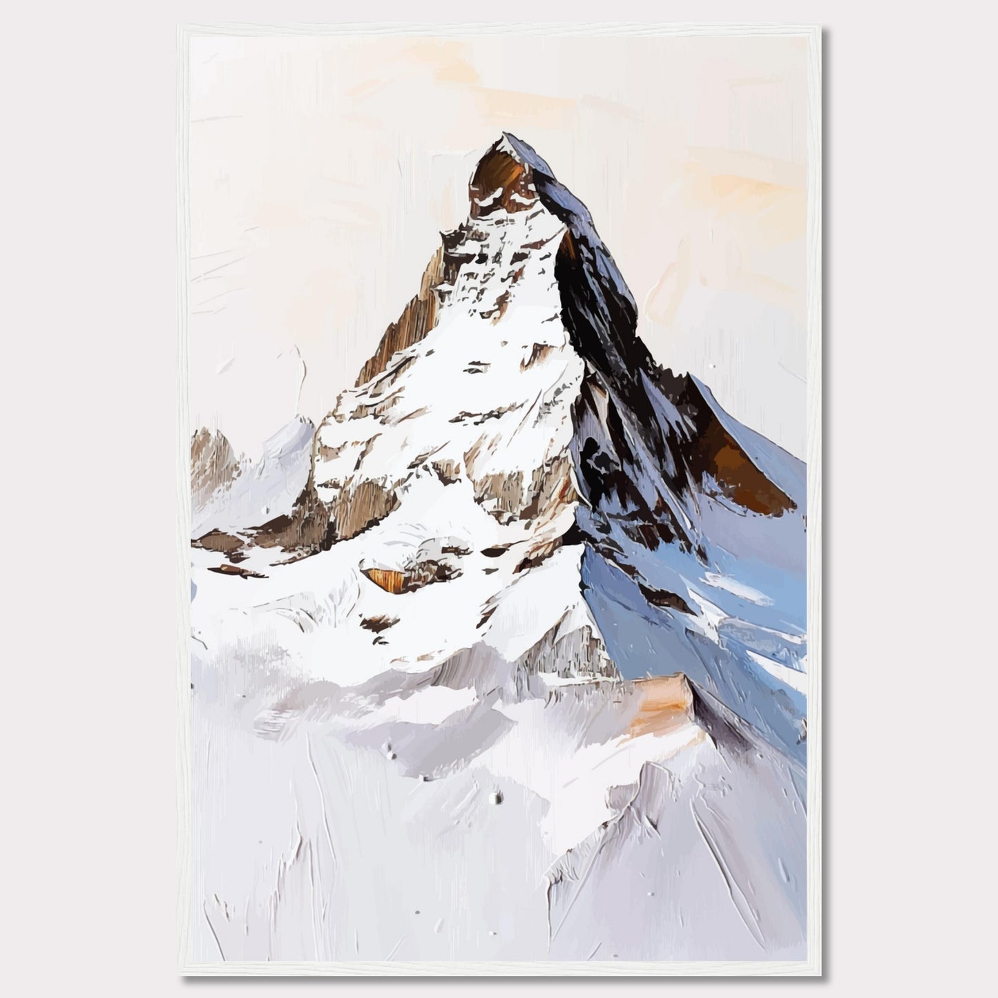 This image showcases a striking painting of a snow-covered mountain peak, likely inspired by the majestic Matterhorn. The artwork features bold brush strokes and a mix of white, brown, and blue hues, capturing the rugged beauty of the alpine landscape.