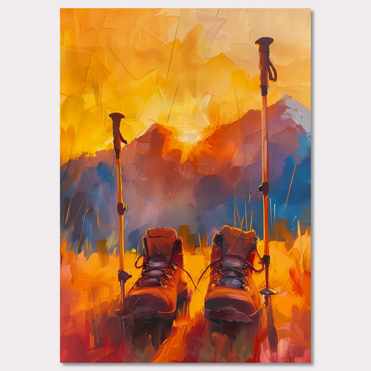 This illustration depicts a pair of hiking boots and trekking poles set against a vibrant, abstract background of mountains and a sunset.