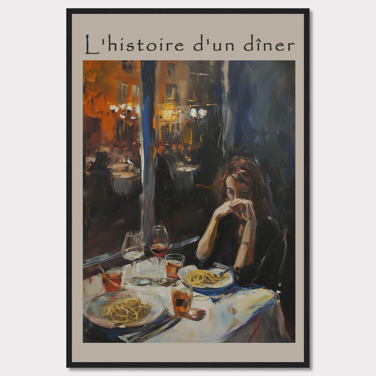 This painting, titled "L'histoire d'un dîner," depicts a solitary woman deep in thought at a dinner table. The scene is set in a warmly lit restaurant, with other diners visible in the background. The table is elegantly set with plates of pasta and glasses of wine, creating an intimate and reflective atmosphere.