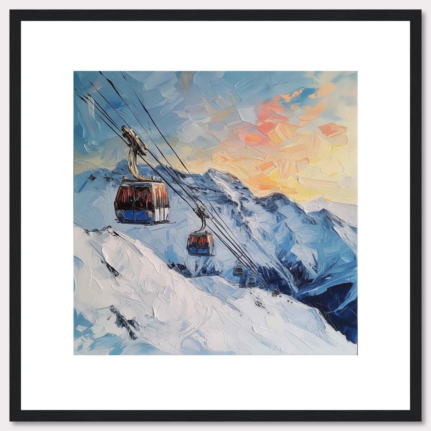 This stunning painting captures a picturesque mountain scene with two cable cars gliding over snowy peaks as the sun sets, casting a warm glow across the sky.