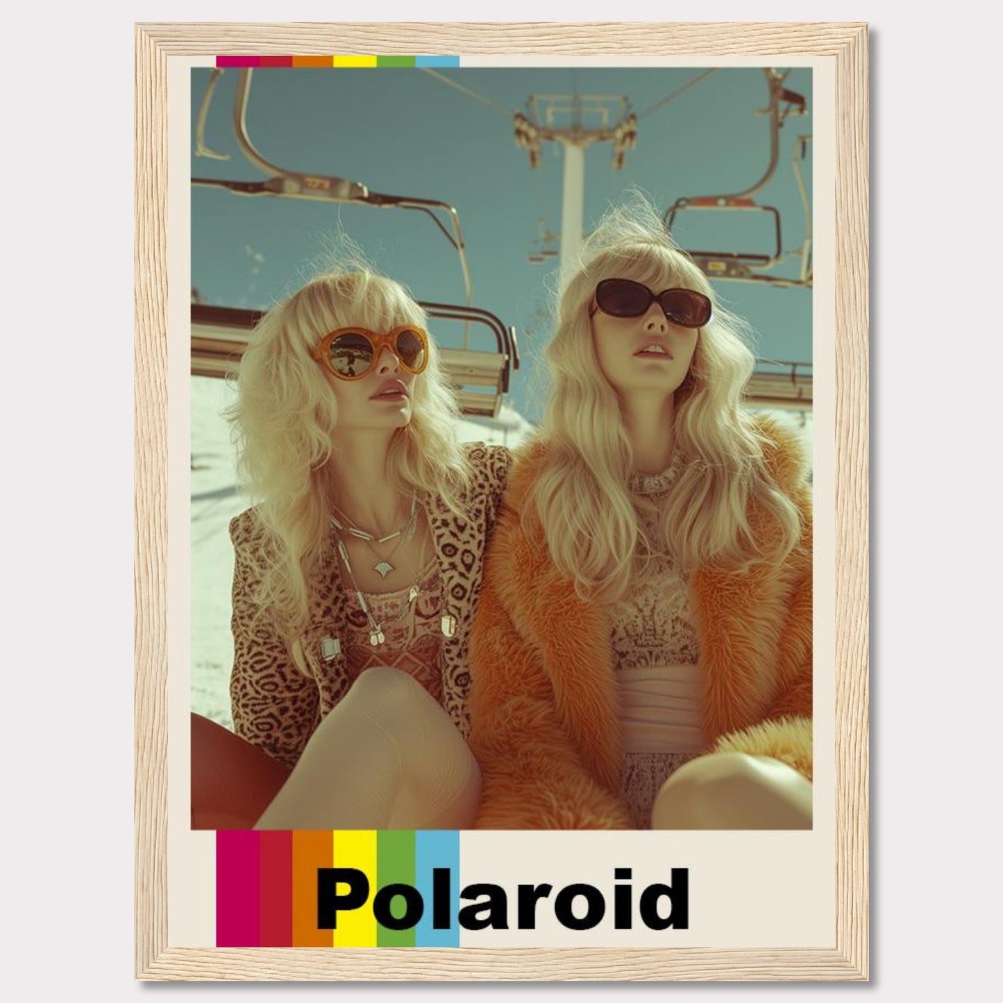 This vibrant Polaroid poster captures two stylish women wearing retro outfits and sunglasses, enjoying a sunny day on a ski lift.