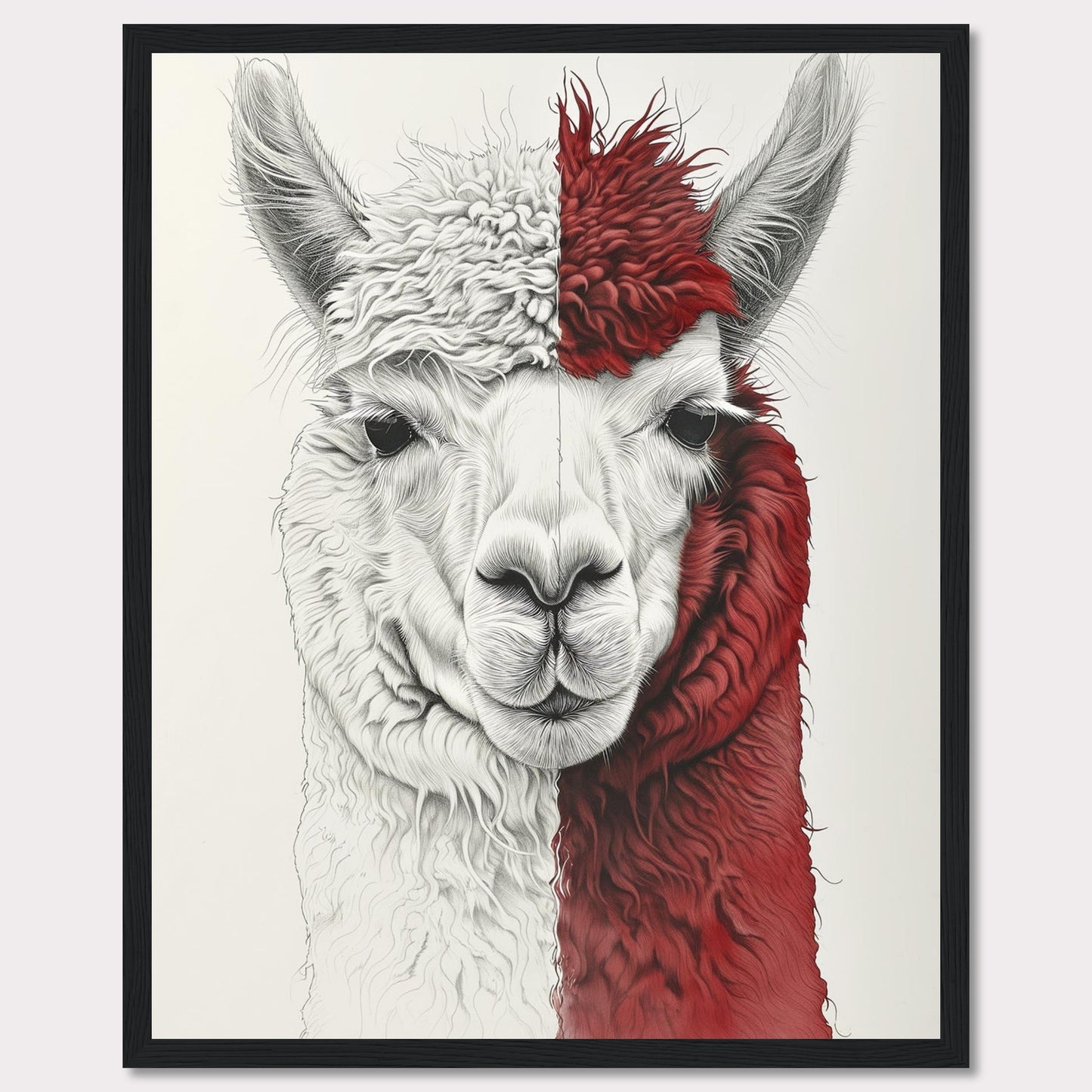 This striking artwork features a detailed illustration of an alpaca with a unique half-white, half-red fur pattern. The intricate lines and textures bring the alpaca's gentle expression to life, making it a captivating piece for any space.