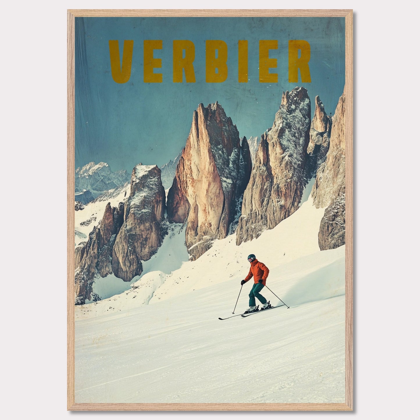 This stunning vintage poster showcases the essence of skiing in Verbier, with a lone skier carving through fresh powder beneath towering, jagged alpine peaks. The vibrant orange jacket of the skier contrasts beautifully with the crisp, snowy landscape and the rugged beauty of the mountains. The bold, retro typography reinforces the feeling of adventure and nostalgia, inviting viewers to experience the thrill of Verbier’s iconic slopes.