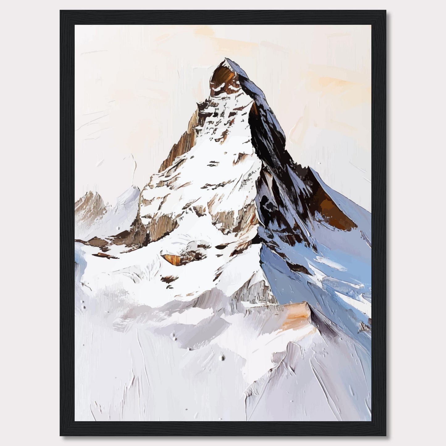 This image showcases a striking painting of a snow-covered mountain peak, likely inspired by the majestic Matterhorn. The artwork features bold brush strokes and a mix of white, brown, and blue hues, capturing the rugged beauty of the alpine landscape.