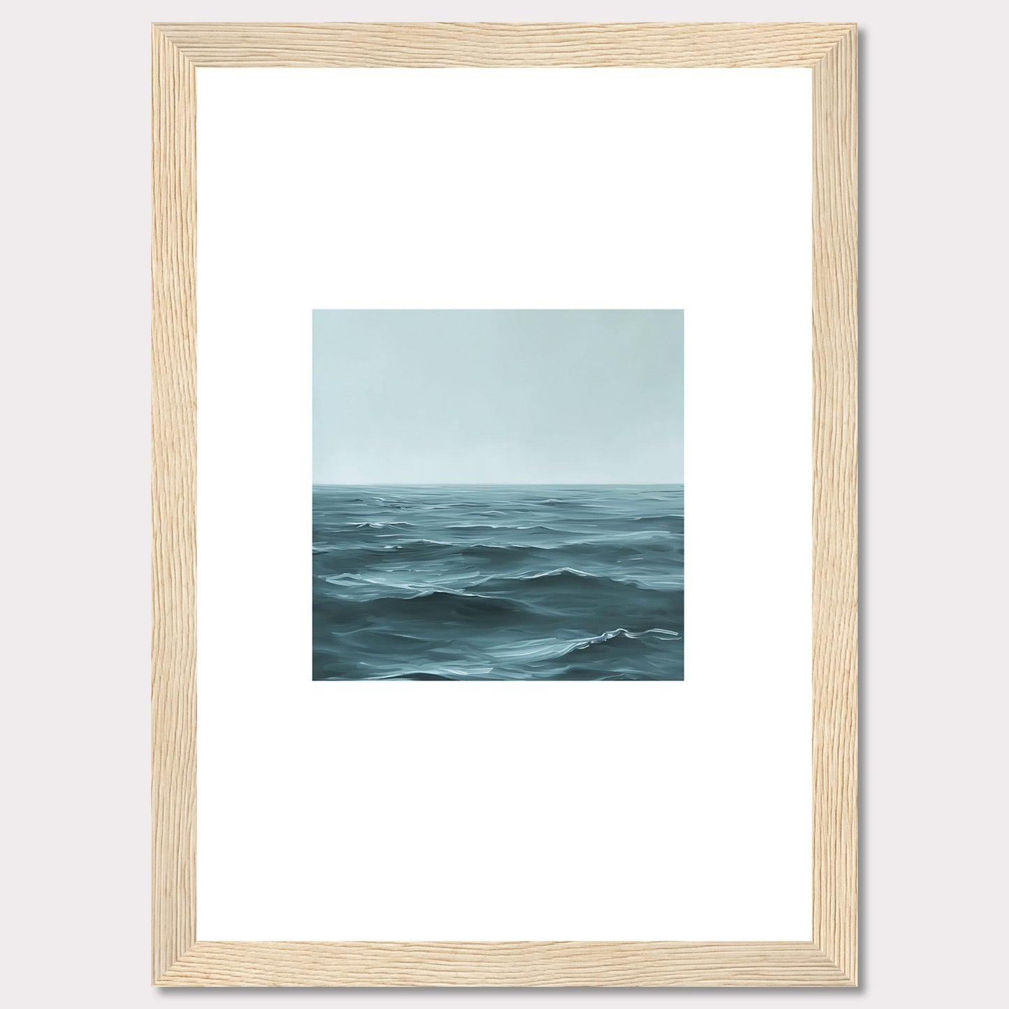 This serene artwork captures the vastness of the ocean, inviting a sense of calm and tranquility into any space. The painting features gentle waves under a soft, misty sky, framed elegantly in black.