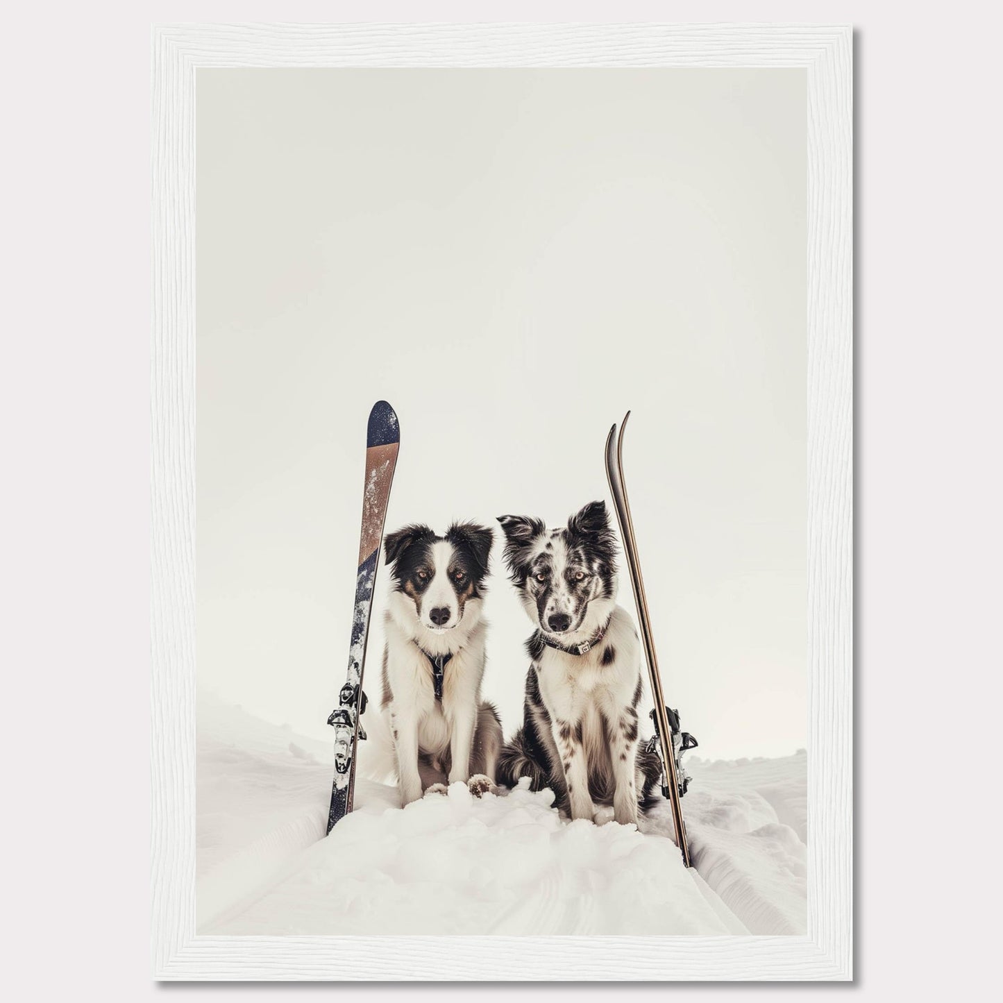 This charming photo captures two adorable dogs sitting in the snow with skis beside them, evoking a sense of adventure and playfulness. The scene is set against a serene snowy backdrop, highlighting the dogs and their playful expressions.