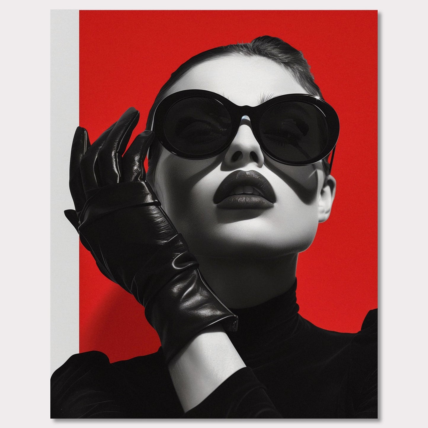 This striking black and white portrait features a stylish woman against a bold red background. Her look is accentuated by oversized sunglasses, dark lipstick, and sleek leather gloves, exuding an air of mystery and sophistication.