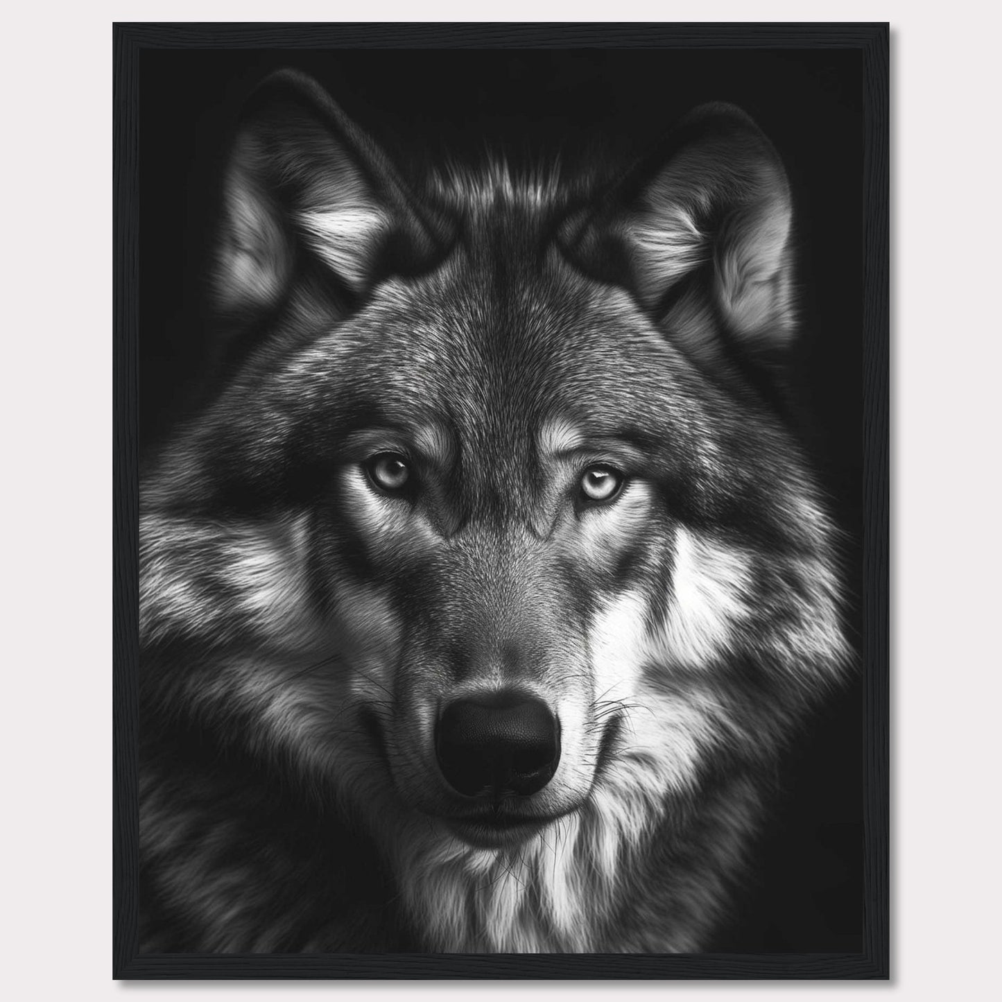 Immerse yourself in the captivating gaze of a majestic wolf with this stunning black and white portrait. The detailed fur, intense eyes, and powerful presence make this artwork a striking addition to any space.