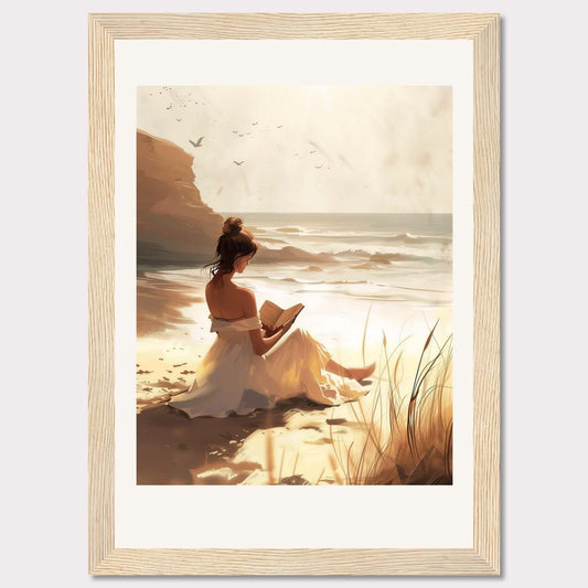 This serene artwork depicts a woman in a white dress sitting on a sandy beach, engrossed in a book. The sun casts a warm golden glow over the scene, enhancing the tranquil atmosphere. In the background, waves gently crash against the shore, and birds soar in the sky.