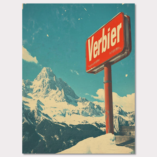 This striking retro-style poster showcases the iconic "Verbier" sign against the backdrop of towering snow-covered peaks and a bright blue sky. The rustic sign, partially worn by time, perfectly complements the expansive, untouched wilderness of the Swiss Alps. The vintage color palette and texture evoke a sense of nostalgia, capturing the allure of Verbier as a timeless destination for adventure and escape into nature’s beauty.