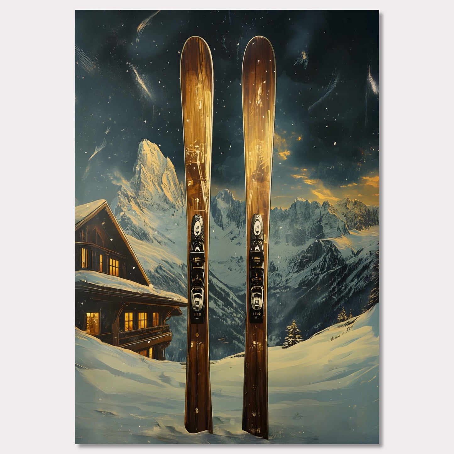 This dynamic poster showcases the exhilaration of a high-speed skiing adventure. Featuring a skier soaring off a powdery jump with a stunning panoramic view of rugged mountain ranges, it encapsulates the spirit of daring exploration and freedom. The vibrant energy of the scene is infectious.