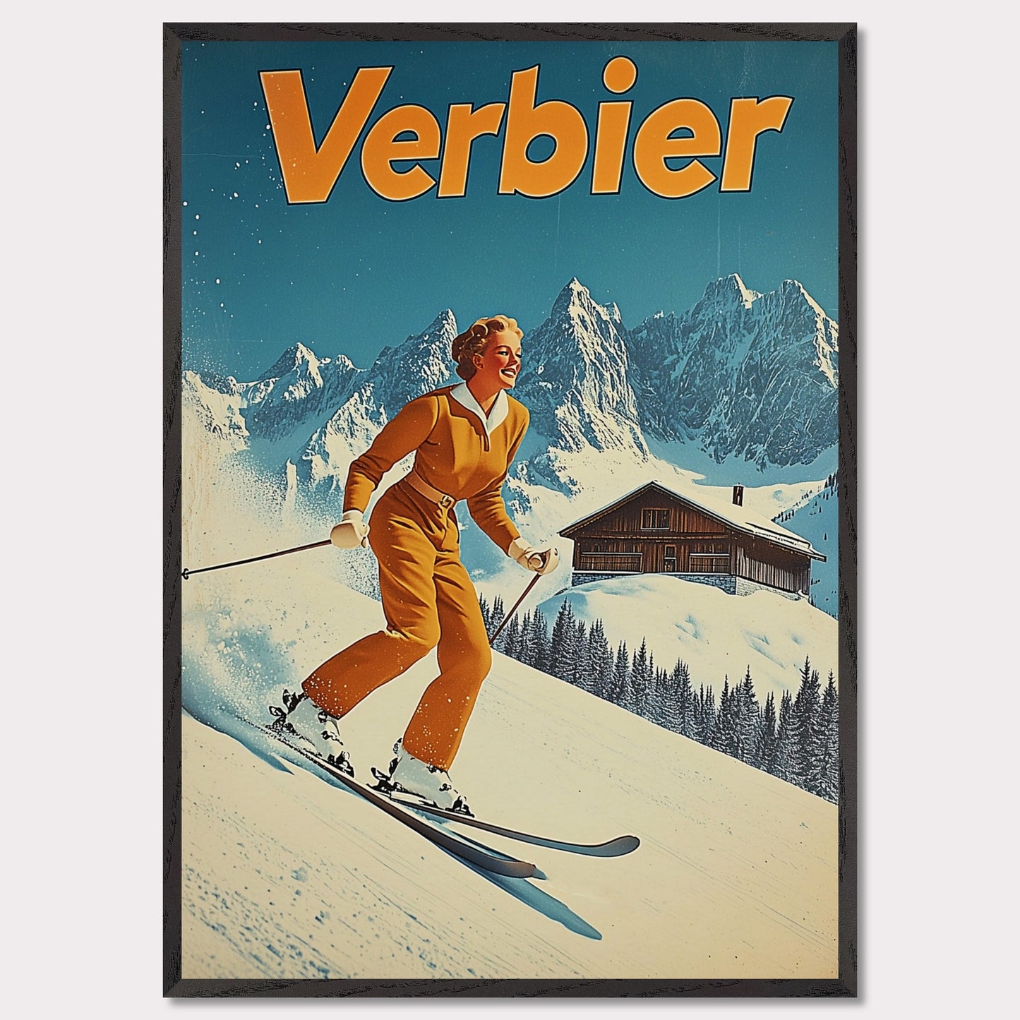 This vibrant retro poster features a cheerful skier dressed in a classic orange ski outfit, gliding down the pristine slopes of Verbier. Behind her, a picturesque alpine chalet sits amidst snow-covered peaks, with a bright blue sky completing the idyllic scene. The bold typography and clean lines enhance the nostalgic charm, inviting viewers to experience the joys of skiing in Verbier.