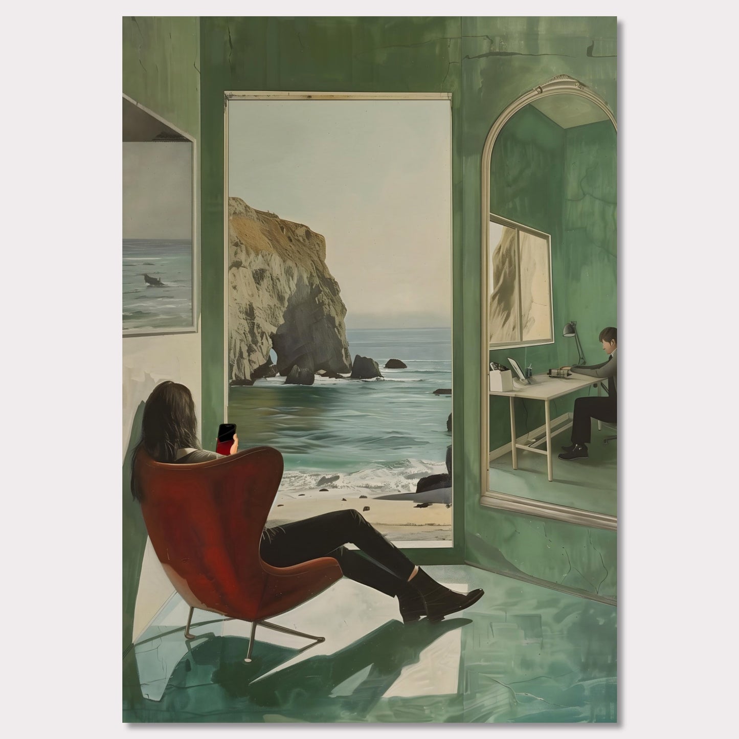 This captivating artwork depicts a serene coastal scene viewed from inside a room. A person is seated in a red chair, gazing out at the ocean through an open window. The reflection of another person working at a desk is visible in a large mirror on the right side. The room's green walls and floor create a calming ambiance, enhancing the peacefulness of the ocean view.