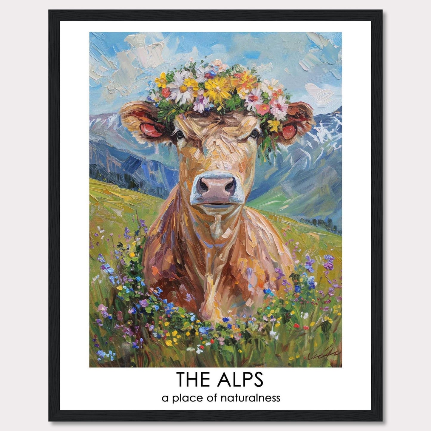 This vibrant artwork depicts a cow adorned with a colorful flower crown, set against the stunning backdrop of the Alps. The painting captures the essence of natural beauty and tranquility.