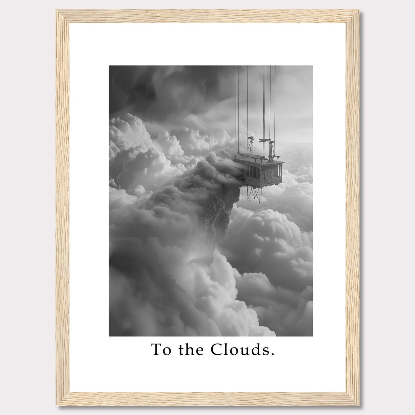 This captivating black and white artwork features a surreal scene of a house suspended high above the clouds, connected by cables. The image evokes a sense of wonder and adventure.