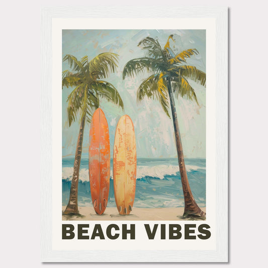 This vibrant artwork captures the essence of a perfect beach day. Two surfboards rest against tall palm trees, with waves crashing in the background and a clear sky above.