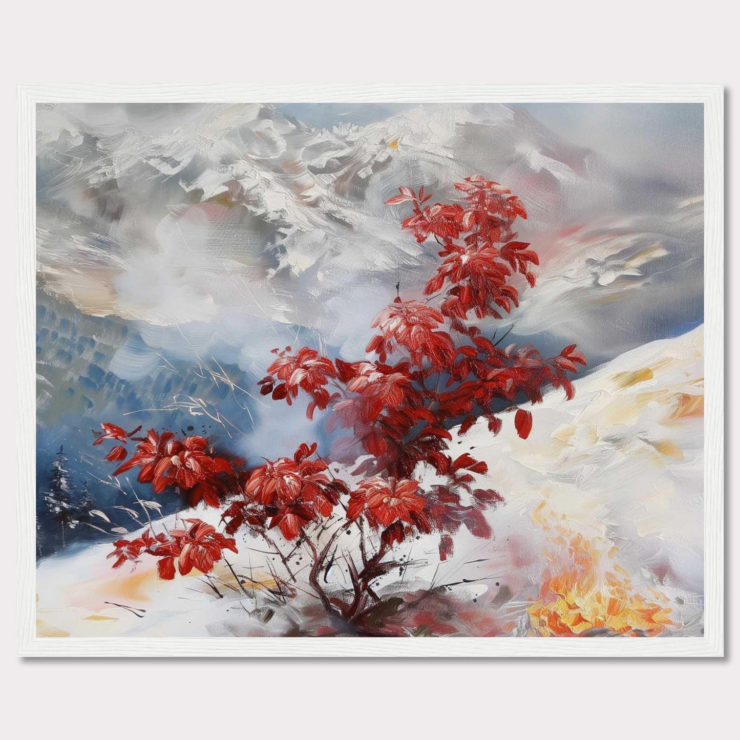 This captivating painting features a vibrant red bush standing out against a serene, snowy landscape. The background showcases majestic mountains partially obscured by mist, adding depth and mystery to the scene. The contrast between the fiery red leaves and the cool, muted tones of the snow and sky creates a striking visual effect.