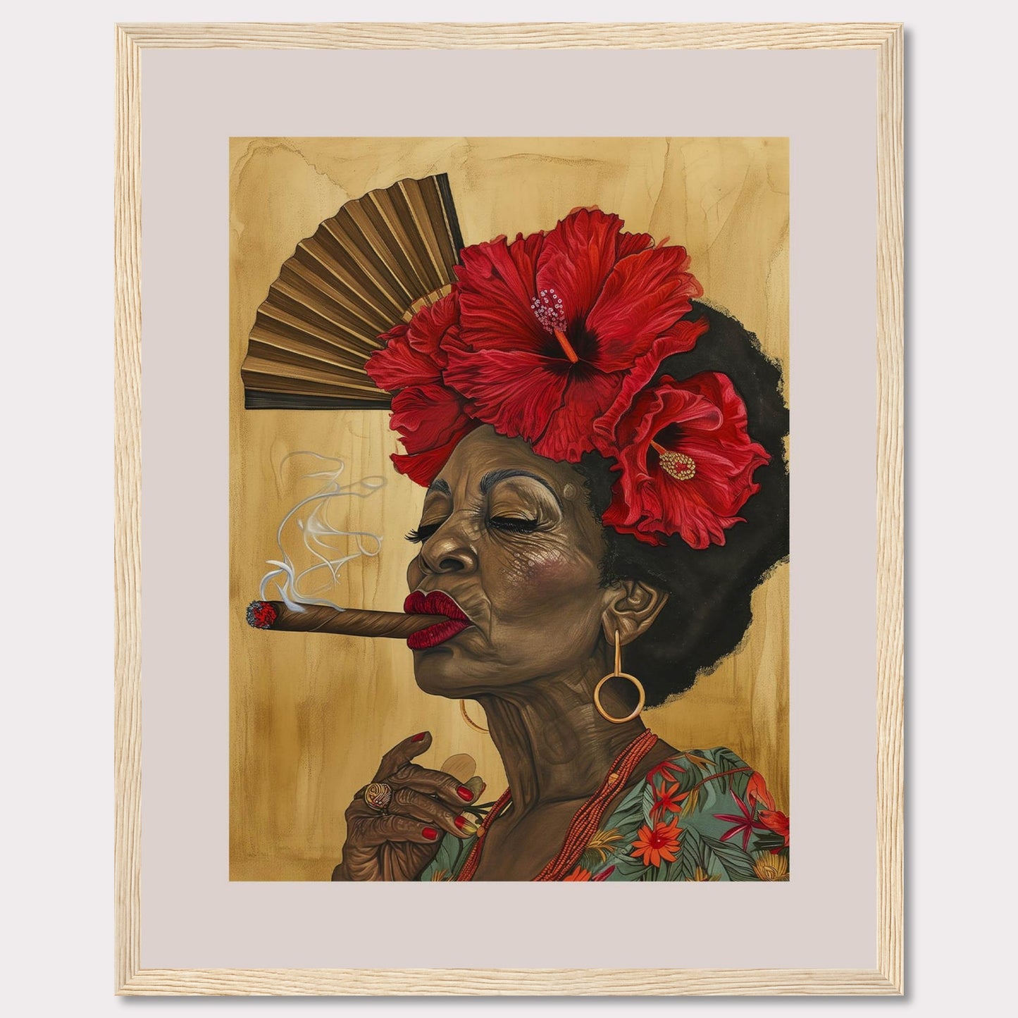 This captivating artwork features a dignified elderly woman smoking a cigar, adorned with vibrant red hibiscus flowers in her hair. Behind her, a traditional hand fan adds a touch of cultural elegance to the scene. The rich colors and intricate details bring out her character and grace.