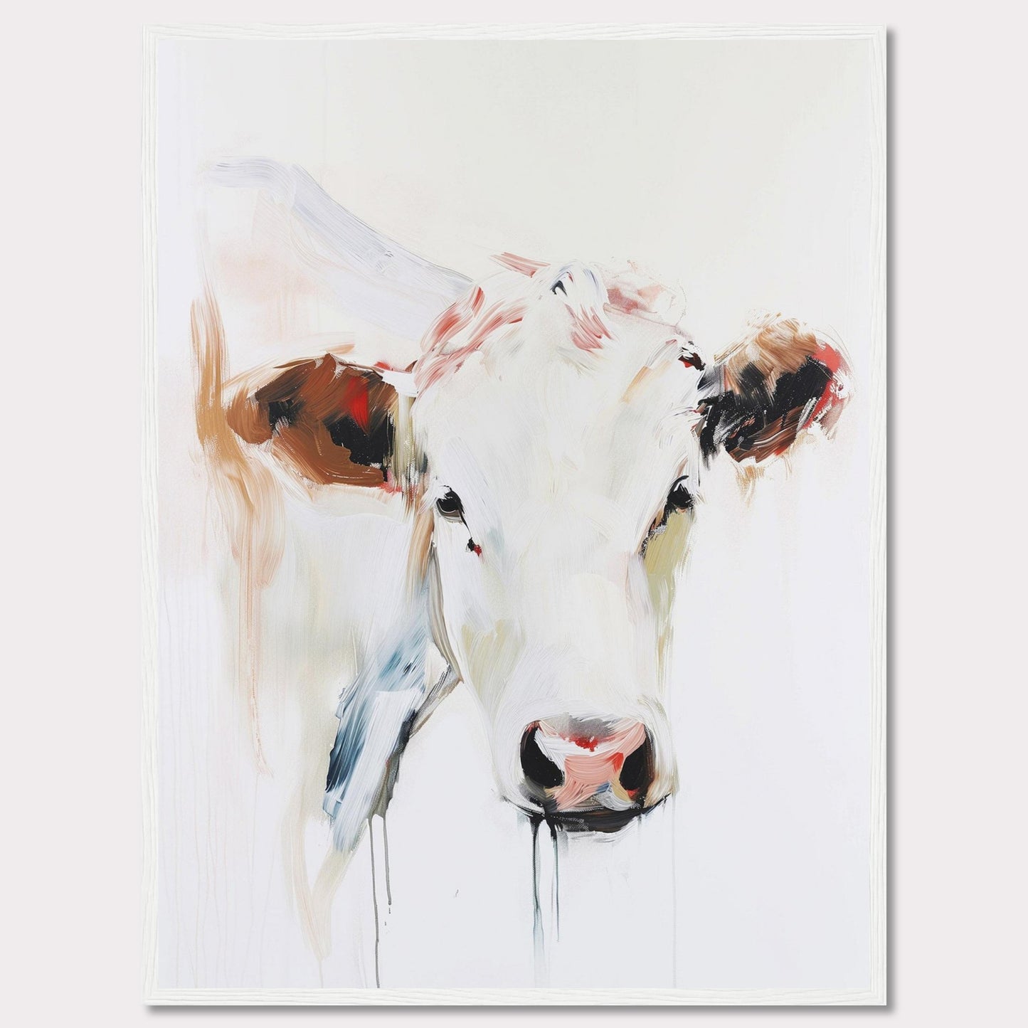 This captivating painting features a close-up of a cow's face, rendered in a modern abstract style. The artwork uses bold brush strokes and a blend of soft and vibrant colors to create a striking visual impact.