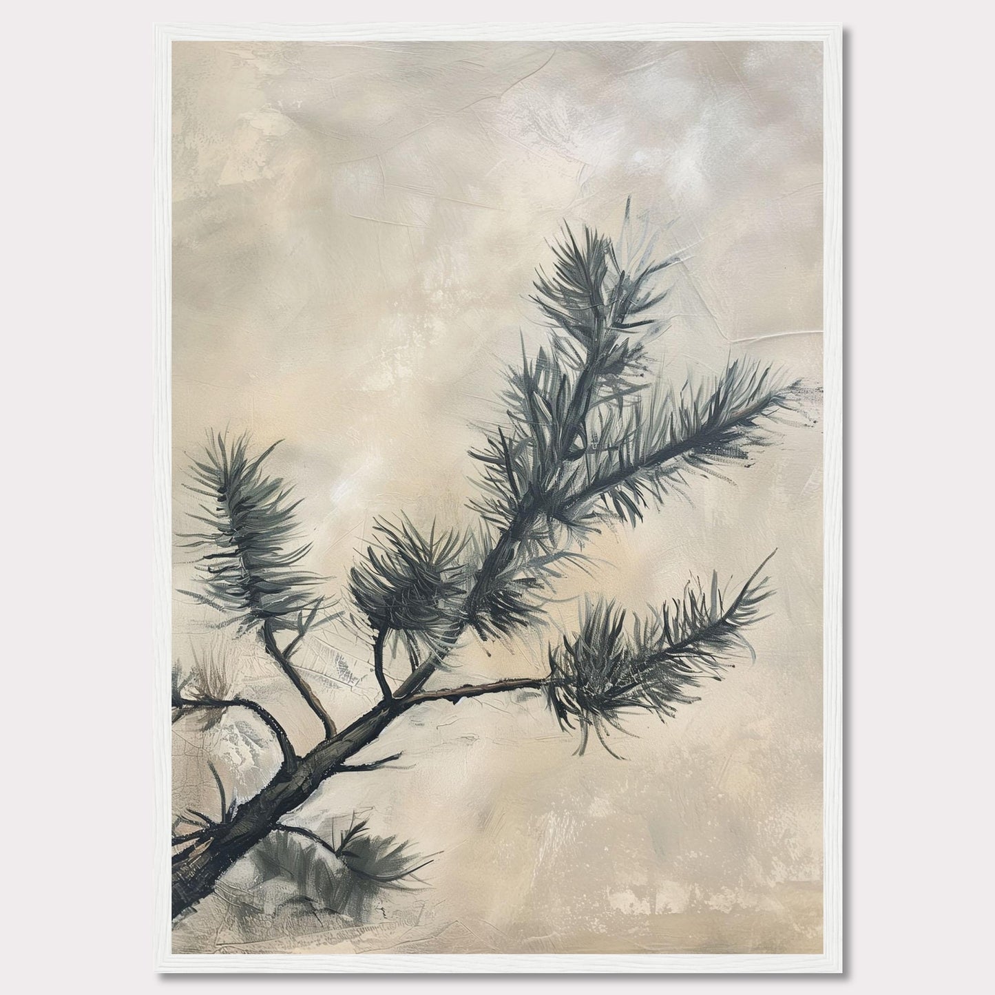 This elegant artwork features a delicate pine branch set against a soft, muted background. The painting captures the serene beauty of nature with its minimalist design and subtle color palette.