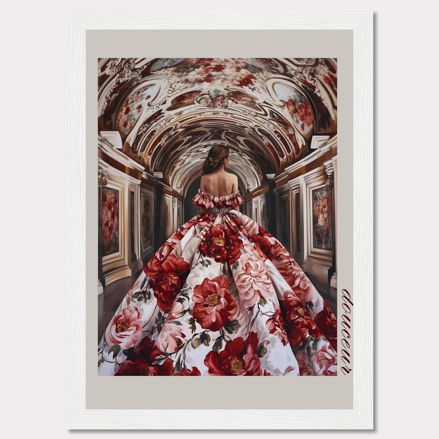 This stunning artwork features a woman in an opulent floral gown walking through an intricately decorated corridor. The scene exudes elegance and grandeur, capturing a moment of timeless beauty.