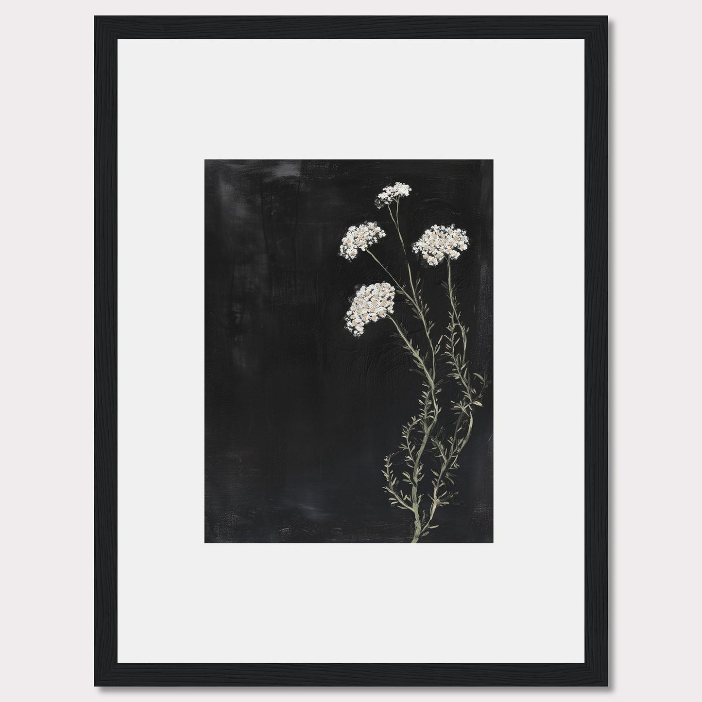 This elegant framed artwork features delicate white flowers against a deep black background, creating a striking contrast. The minimalist design emphasizes the natural beauty of the floral arrangement, making it a perfect addition to any modern interior.