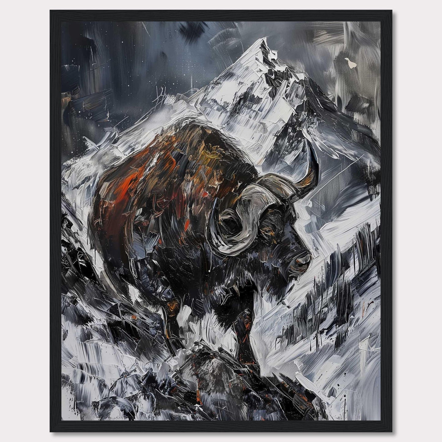 This striking painting captures the raw power of a buffalo against a dramatic mountainous backdrop. The bold brushstrokes and intense colors create a sense of movement and energy.