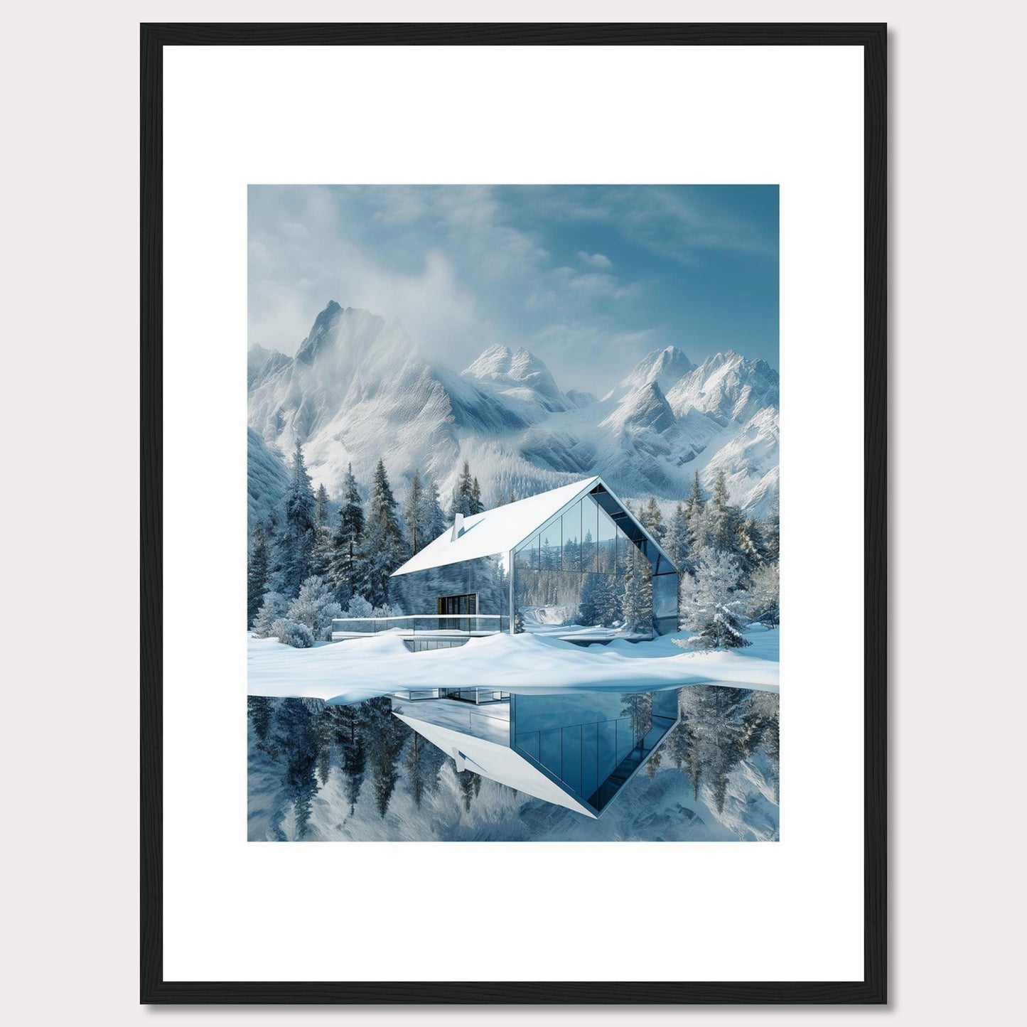 This stunning image showcases a modern glass house nestled in a serene snowy landscape, with majestic mountains in the background. The reflection of the house and trees on the calm water adds to the tranquil ambiance.