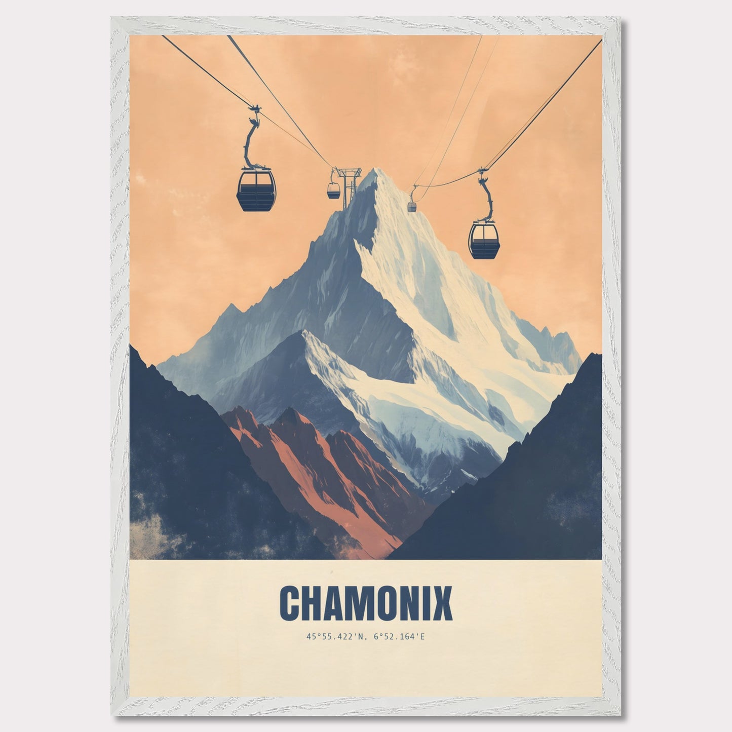 This striking poster showcases the dramatic ascent to Chamonix’s peaks, with cable cars stretching across the sky towards the snow-covered mountains. The bold contrasts between deep shadows and glowing light create an atmosphere of adventure and grandeur.