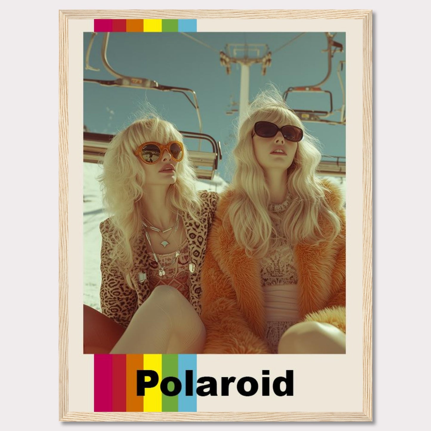 This vibrant Polaroid poster captures two stylish women wearing retro outfits and sunglasses, enjoying a sunny day on a ski lift.