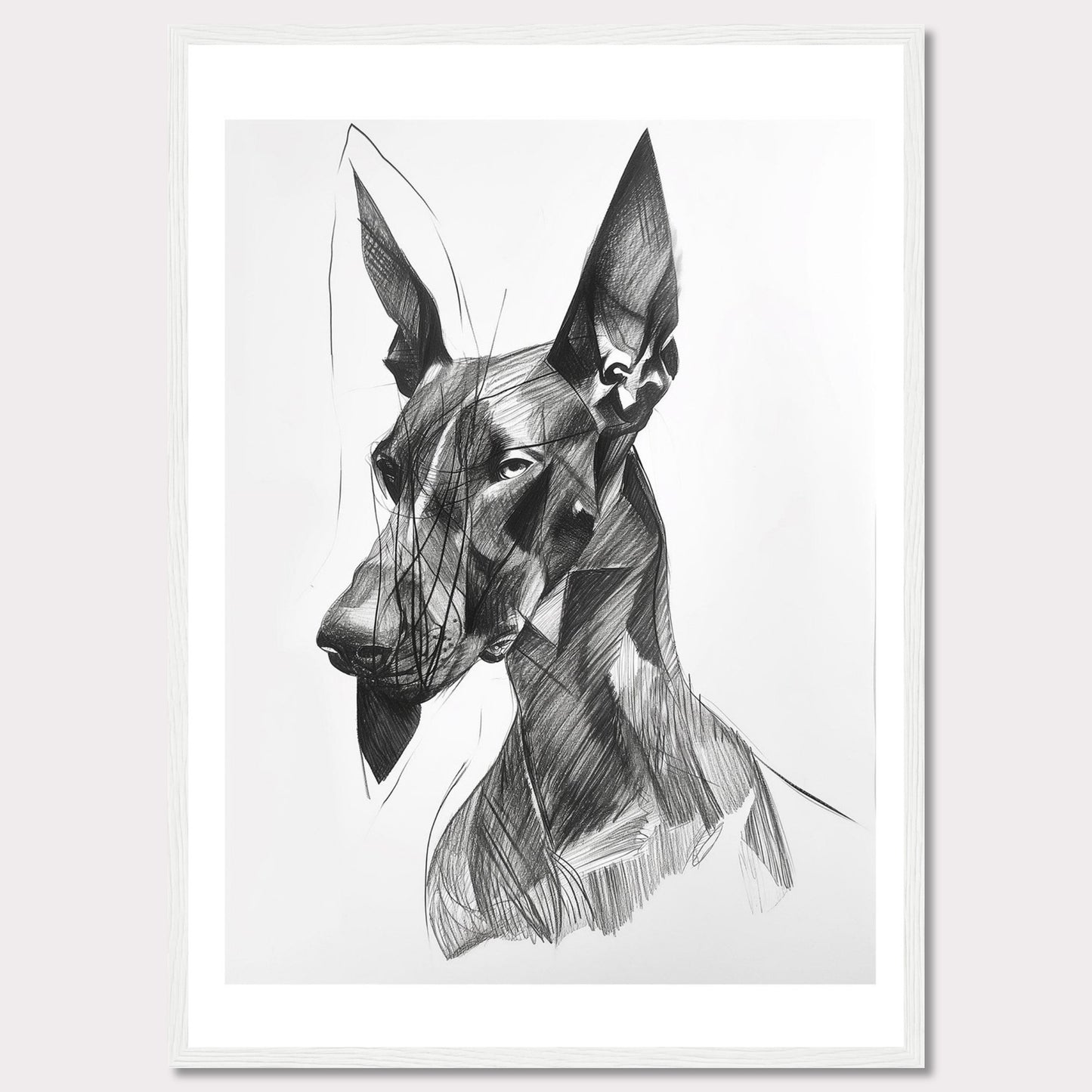 This captivating artwork features a detailed, abstract sketch of a dog, showcasing intricate lines and shading. The black and white composition highlights the dog's expressive eyes and strong features, creating a striking visual impact. The minimalist background emphasizes the subject, making it a perfect piece for modern decor.