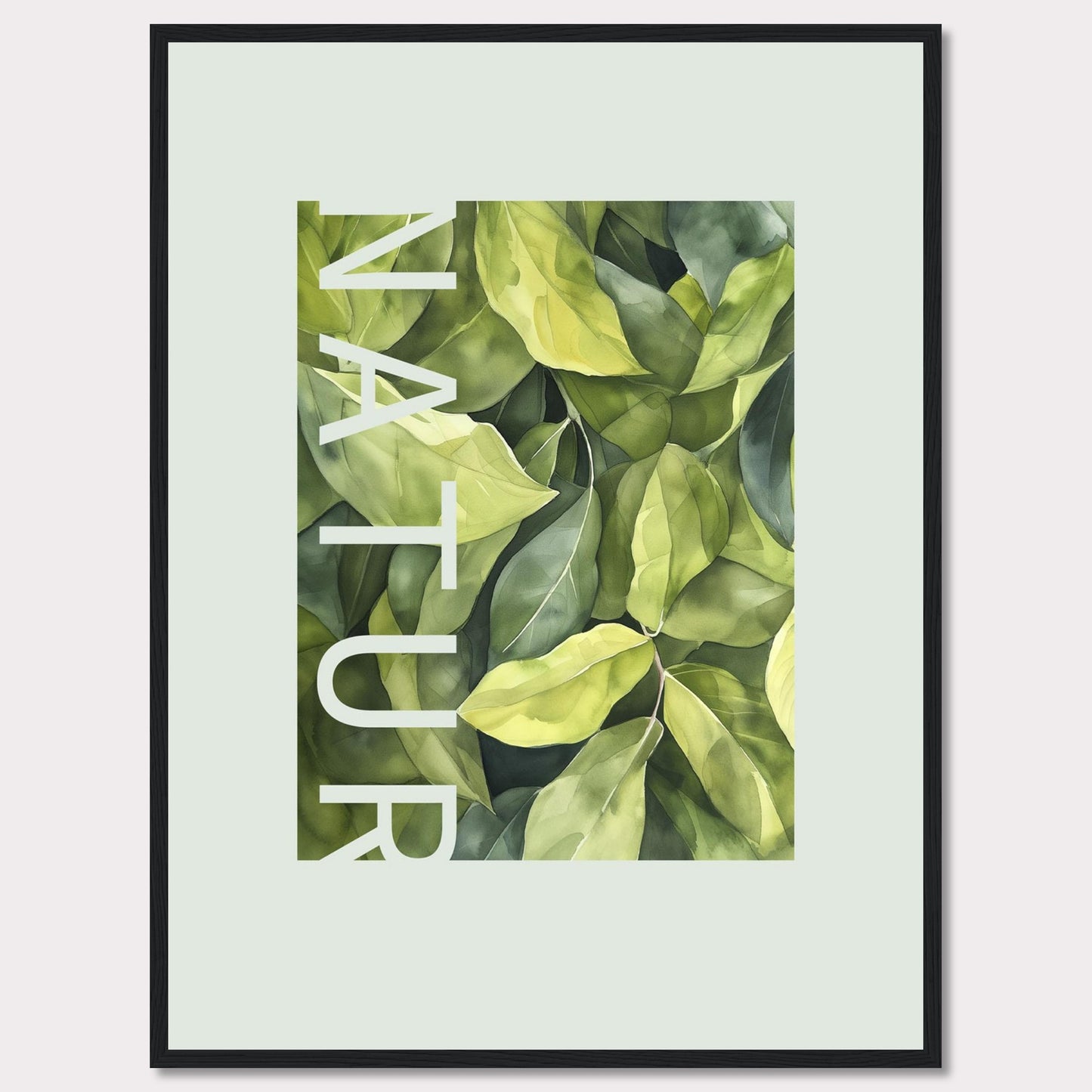 This beautiful framed artwork showcases a lush, green foliage design with the word "NATUR" elegantly integrated into the composition. The vibrant leaves create a refreshing and calming visual experience.