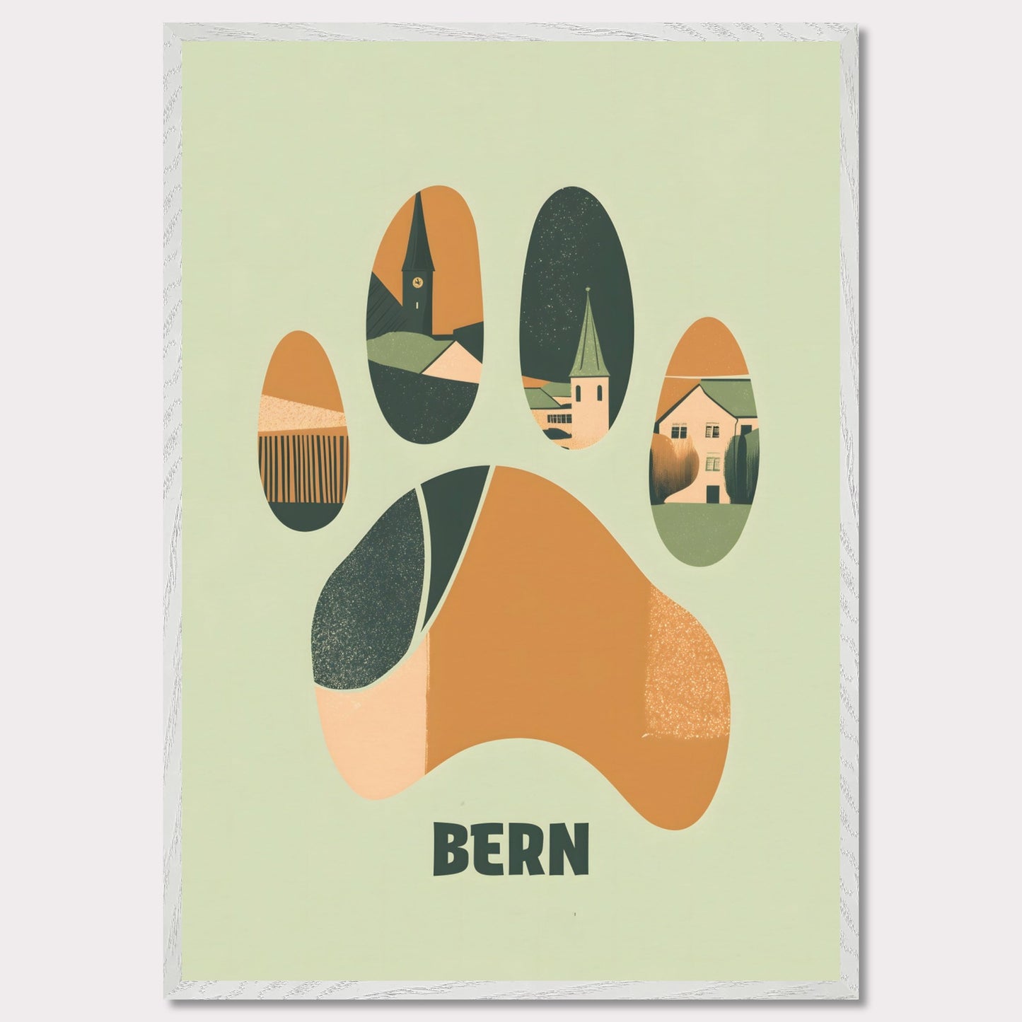 This unique poster blends the charm of Bern’s architecture with the city’s symbolic bear in an abstract, paw-print design. The warm earth tones and clean lines create a harmonious balance between modern minimalism and historical elements.