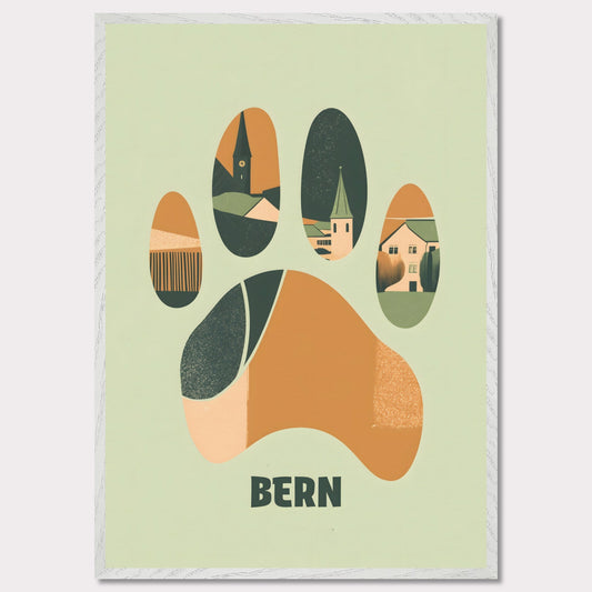 This unique poster blends the charm of Bern’s architecture with the city’s symbolic bear in an abstract, paw-print design. The warm earth tones and clean lines create a harmonious balance between modern minimalism and historical elements.