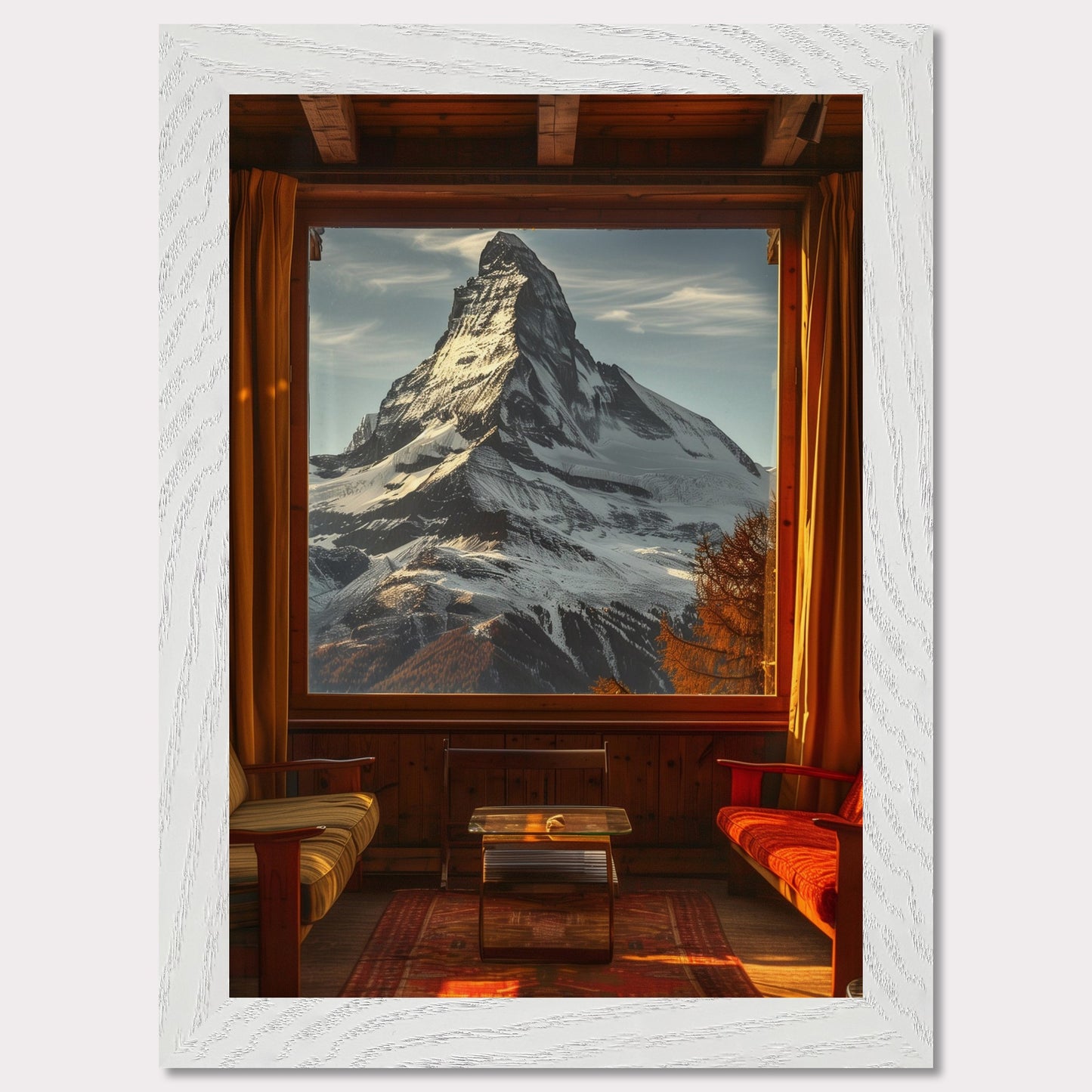 This stunning image captures a breathtaking view of a snow-capped mountain through a large window from a cozy wooden cabin. The warm interior contrasts beautifully with the majestic, cold mountain outside.