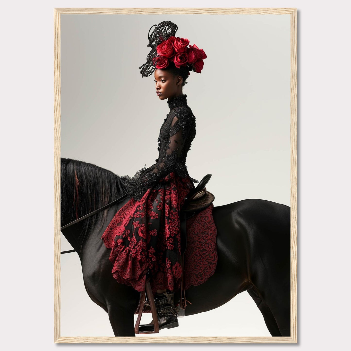 This striking image features a poised woman in an elegant black and red lace dress, adorned with an elaborate headpiece of red roses. She sits gracefully on a majestic black horse, exuding confidence and sophistication.