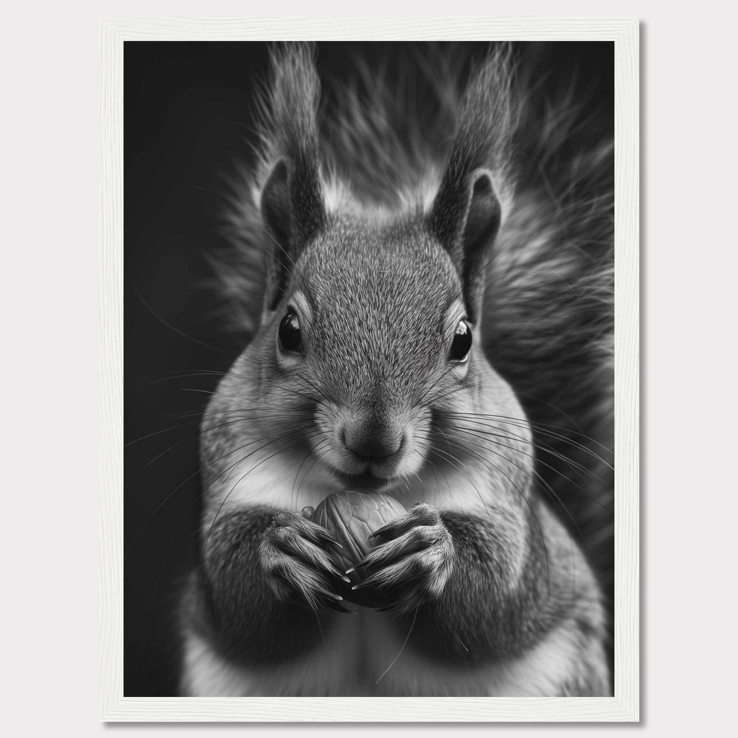 This captivating black and white photograph showcases a close-up of a squirrel holding a nut. The fine details of the squirrel's fur and the texture of the nut are beautifully highlighted, creating a striking contrast against the dark background. The squirrel's focused gaze adds an element of intensity to the image.