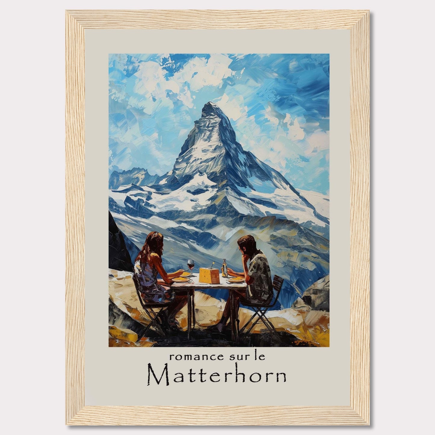 This captivating poster showcases a romantic scene at the Matterhorn, with a couple enjoying a meal against the breathtaking backdrop of the iconic mountain.