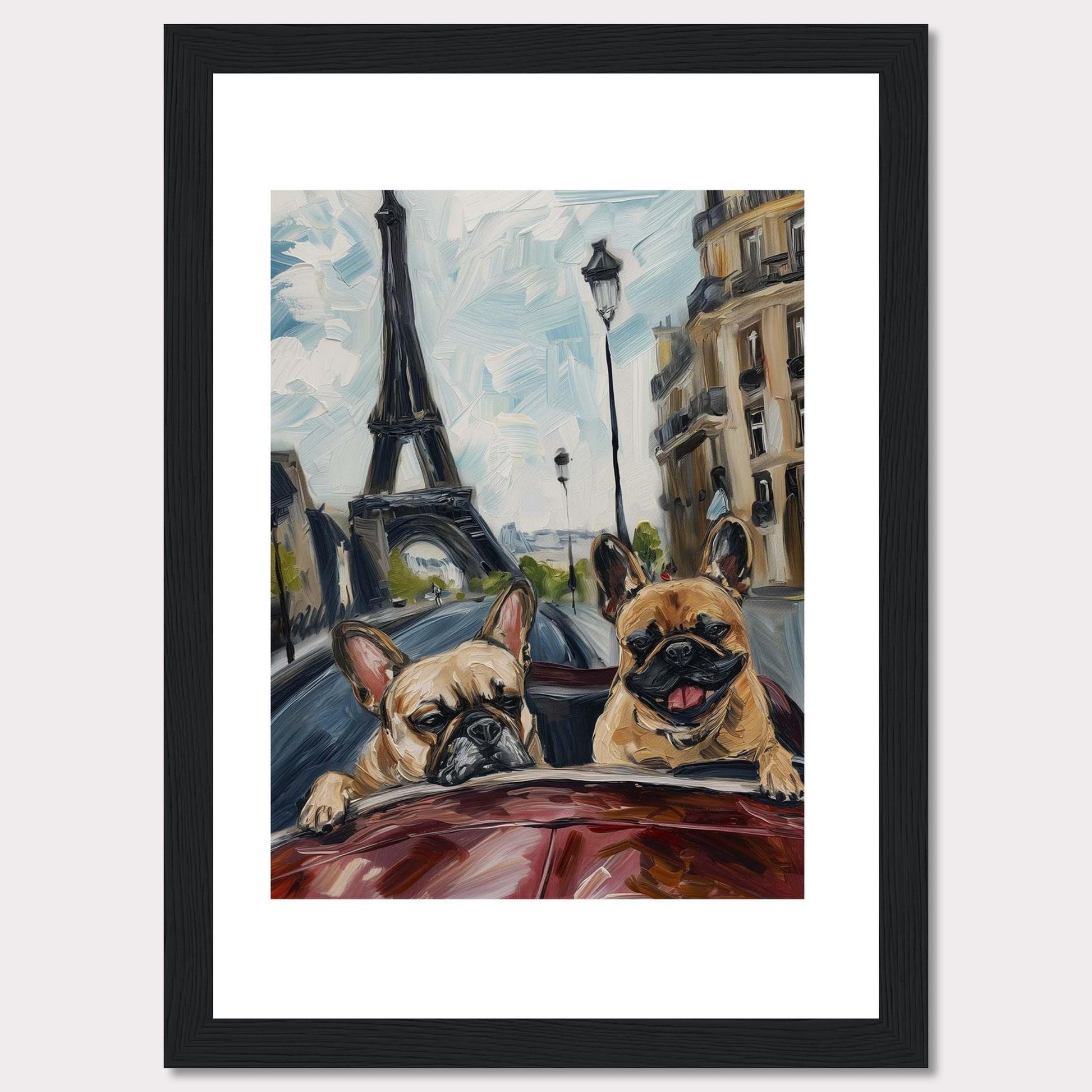 This vibrant painting captures two adorable French Bulldogs enjoying a ride in a car with the iconic Eiffel Tower in the background. The artwork beautifully blends elements of Parisian architecture, street lamps, and the joyful expressions of the dogs.