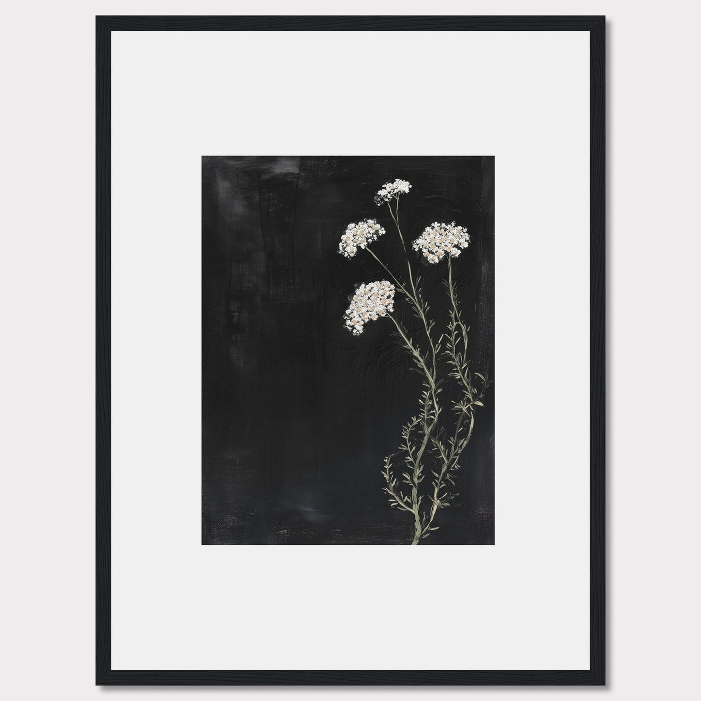 This elegant framed artwork features delicate white flowers against a deep black background, creating a striking contrast. The minimalist design emphasizes the natural beauty of the floral arrangement, making it a perfect addition to any modern interior.