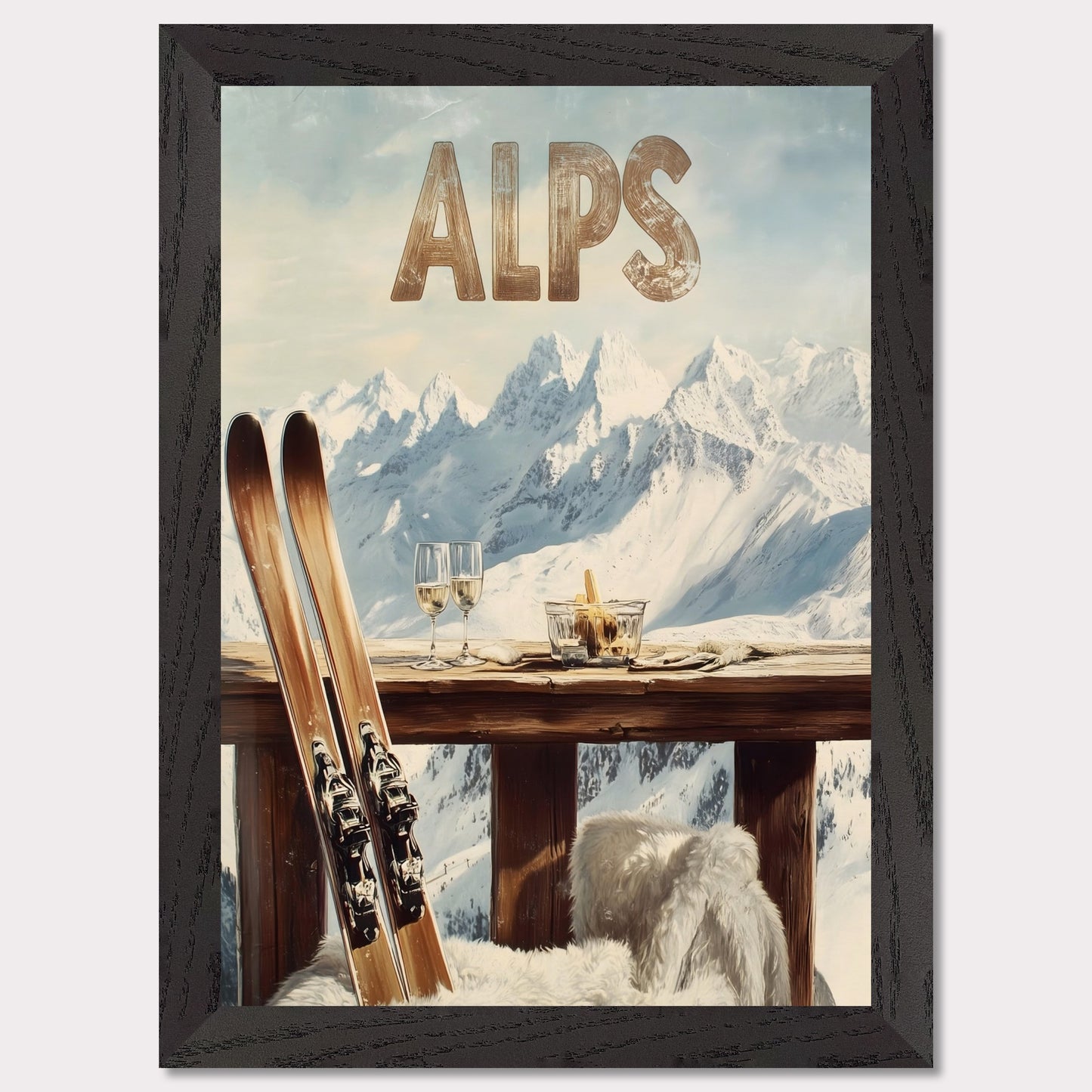 This vibrant poster captures the charm of après-ski culture with a rustic wooden terrace overlooking snow-covered mountains. The warm textures of fur throws and the elegant wine glasses create an inviting post-ski ambiance.