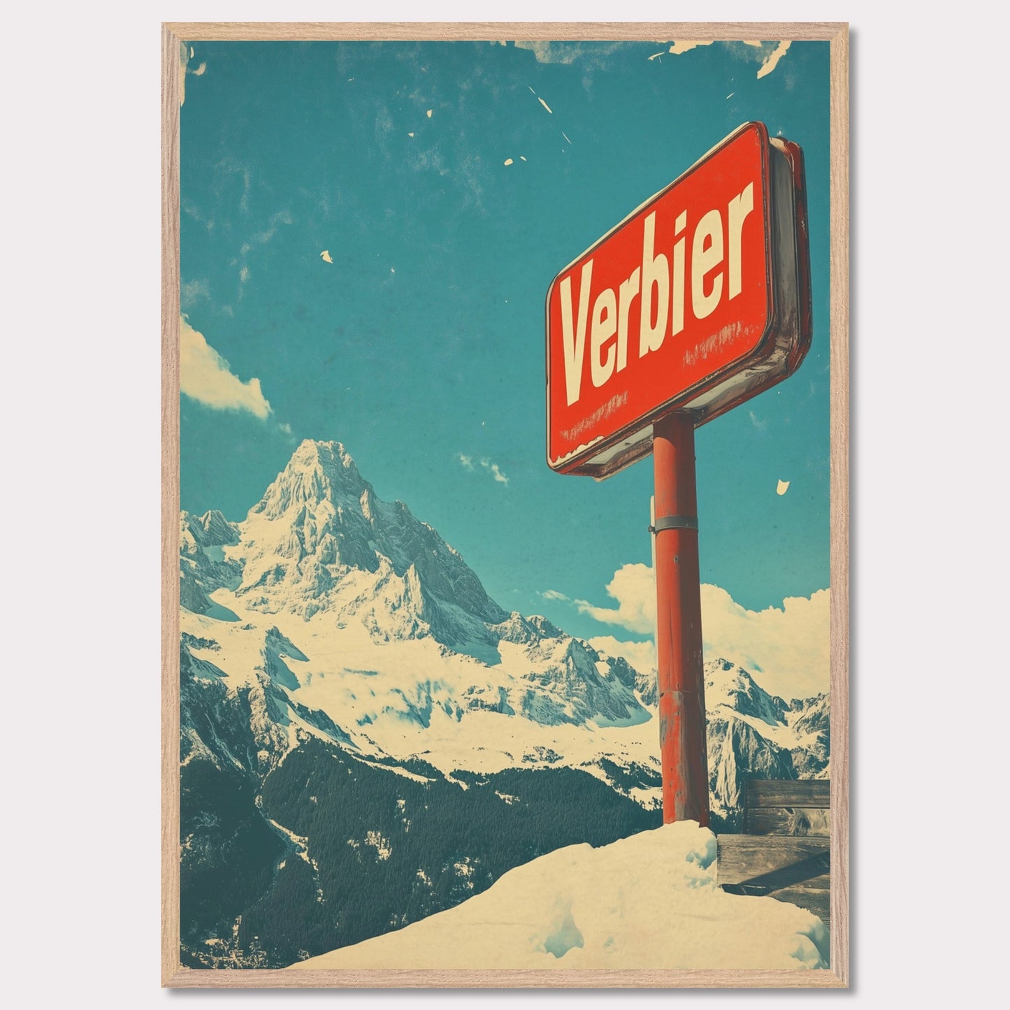 This striking retro-style poster showcases the iconic "Verbier" sign against the backdrop of towering snow-covered peaks and a bright blue sky. The rustic sign, partially worn by time, perfectly complements the expansive, untouched wilderness of the Swiss Alps. The vintage color palette and texture evoke a sense of nostalgia, capturing the allure of Verbier as a timeless destination for adventure and escape into nature’s beauty.