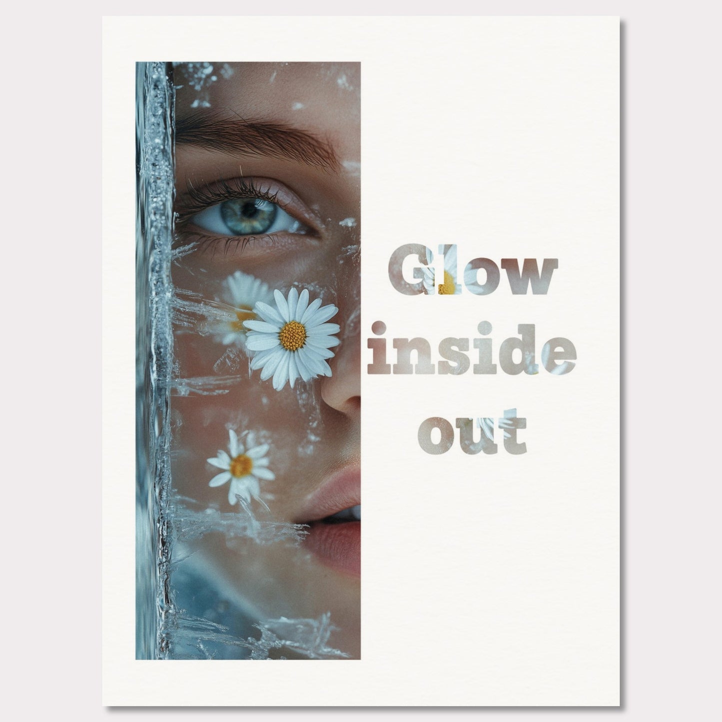 This illustration features a close-up of a person's face with daisies and ice crystals. The text "Glow inside out" is prominently displayed beside the image.

Where will this poster fit: Living room, bedroom, office, hallway, or studio.