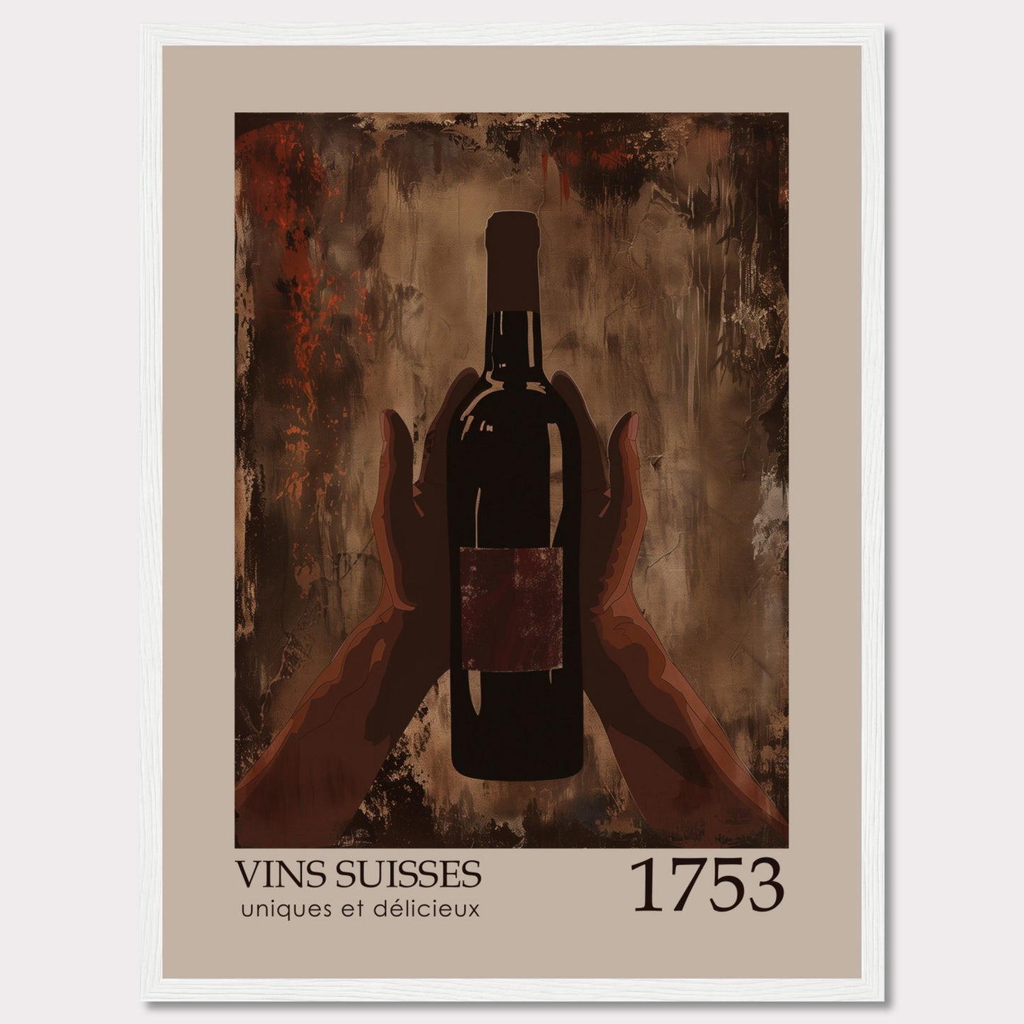 This image showcases a framed poster featuring a bottle of wine held by two hands against an abstract, textured background.