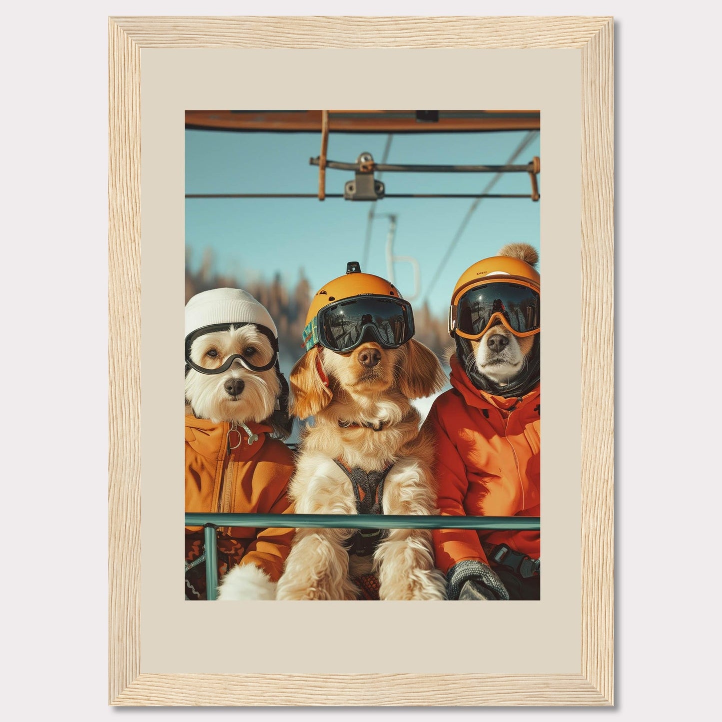 This charming photo features three adorable dogs dressed in winter gear, complete with helmets and goggles, enjoying a ride on a ski lift. The bright blue sky and snowy background add to the fun and adventurous atmosphere.