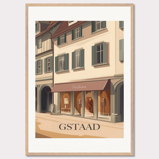 A stylish poster capturing the elegant shopping experience in Gstaad. The charming streets lined with high-end boutiques create an atmosphere of exclusivity and sophistication.