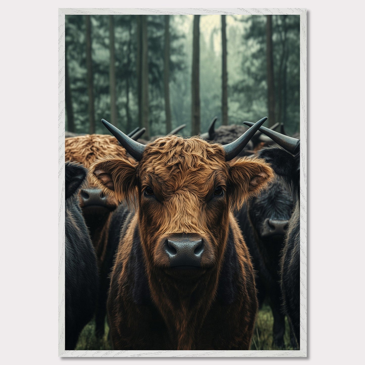 This captivating image features a herd of Highland cattle standing in a misty forest. The central focus is on a brown Highland cow, with its distinctive long horns and shaggy coat, staring directly at the viewer. The background showcases tall trees enveloped in fog, adding a mystical ambiance to the scene.