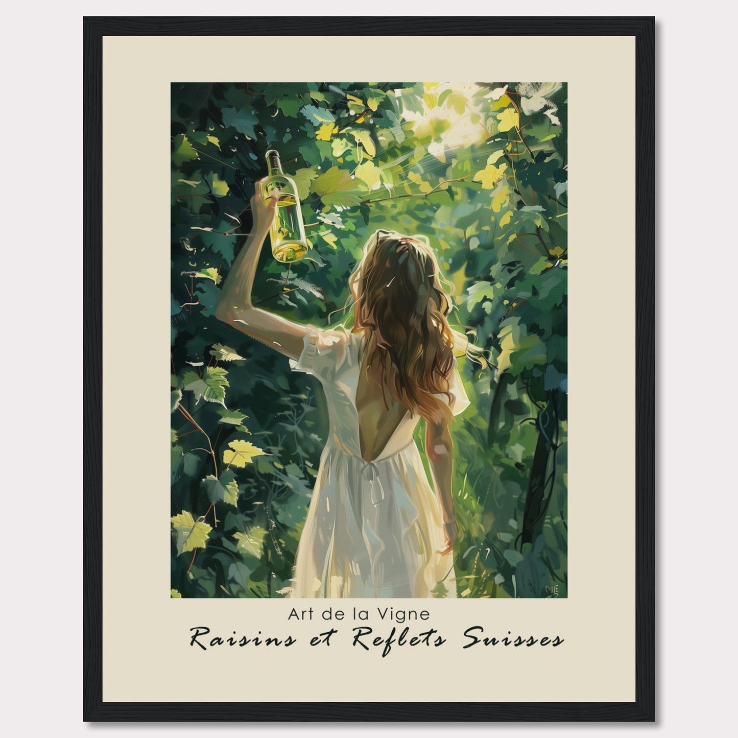 This captivating artwork titled "Art de la Vigne" showcases a woman in a white dress holding up a bottle of wine amidst lush green vines, with sunlight filtering through the leaves. The scene exudes a sense of tranquility and connection with nature.