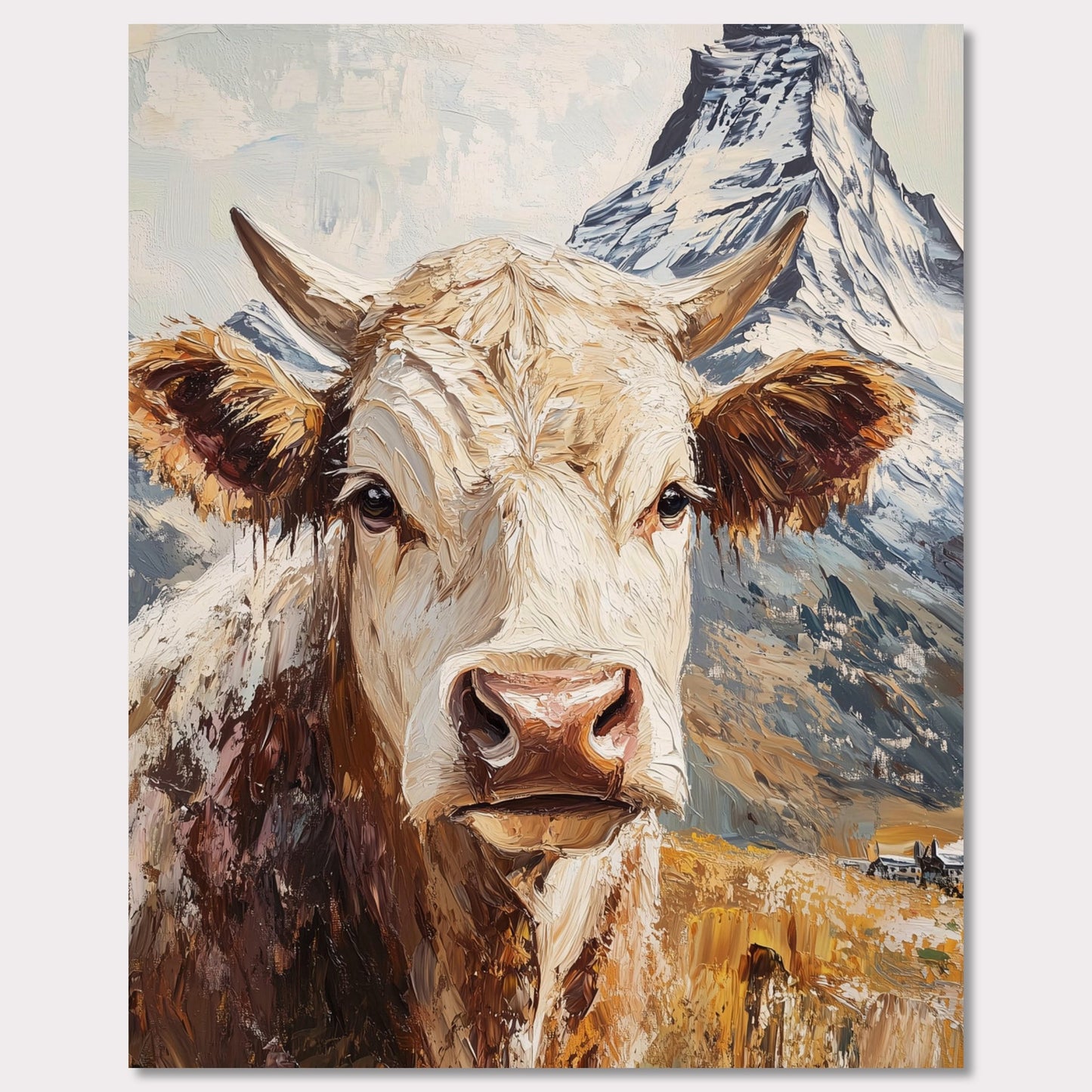 This vibrant poster celebrates the rustic charm of Swiss alpine life, featuring a close-up portrait of a majestic cow with the Matterhorn mountain towering in the background. The bold, textured brushstrokes create a painterly effect, bringing out the earthy tones of the cow and the dramatic snow-capped peak. This artwork reflects the connection between nature, rural traditions, and the iconic landscapes of Zermatt.