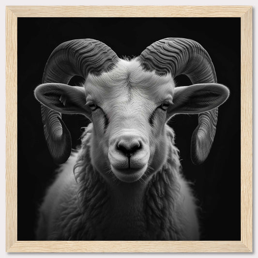 This striking black and white photograph captures the majestic presence of a ram with impressive, curved horns. The detailed texture of its fur and the intensity in its eyes are beautifully highlighted against a dark background.